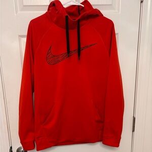 Nike Red Pullover Hoodie with Black Swoosh and Drawstrings